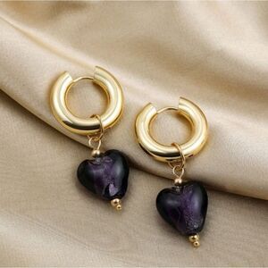 Purple Art Glass Heart Earrings
